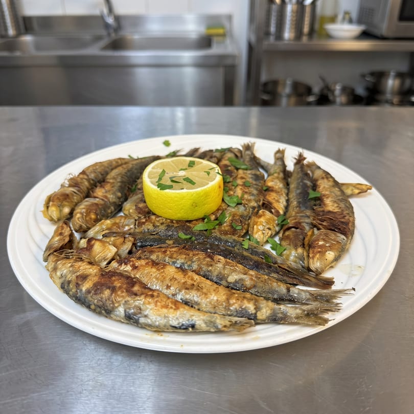 A white plate filled with crispy fried sardines, garnished with a lemon half and fresh parsley.